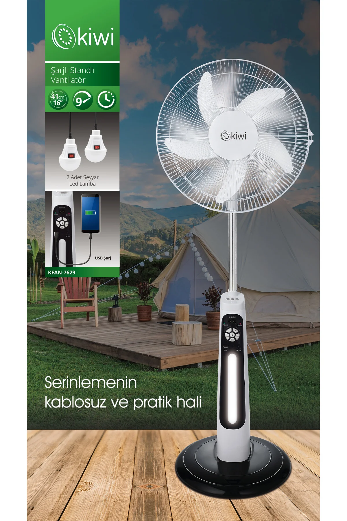 Kfan-7629 Şarjlı Hız Ayarlı Gece Lambalı Stand Vantilatör