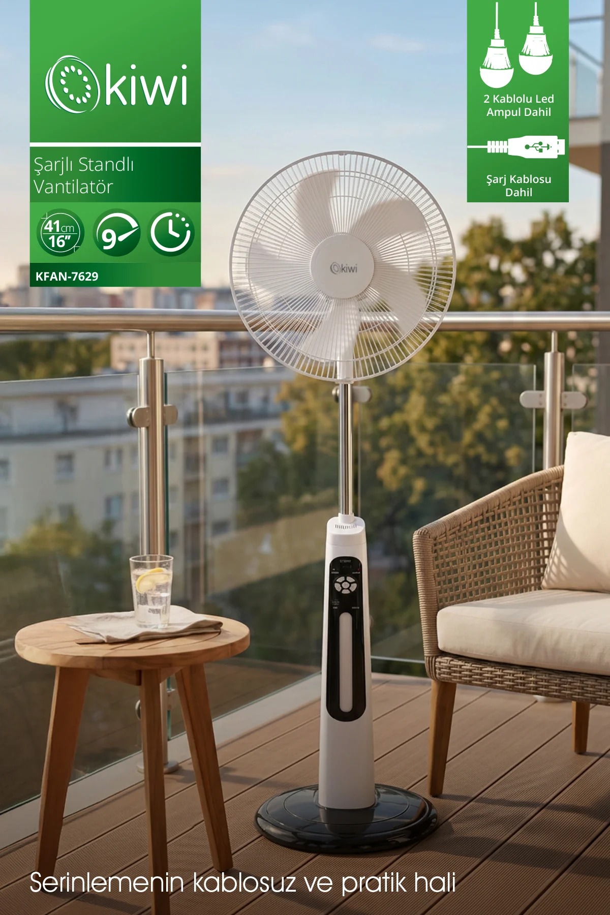 KFAN-7629 Şarjlı Standlı Vantilatör & LED Lamba | 9 Kademe & AC/DC & USB