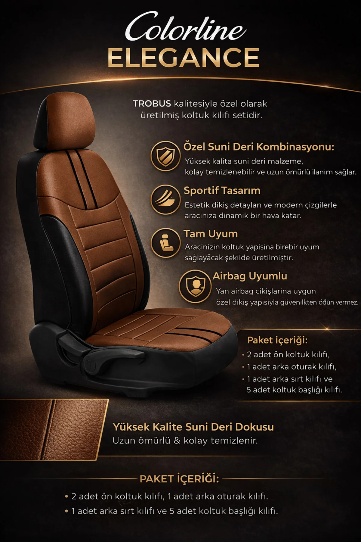 KGM Torres EVX 2023 ve Sonrası Uyumlu Colorline Elegance Deri Taba Siyah Koltuk Kılıfı