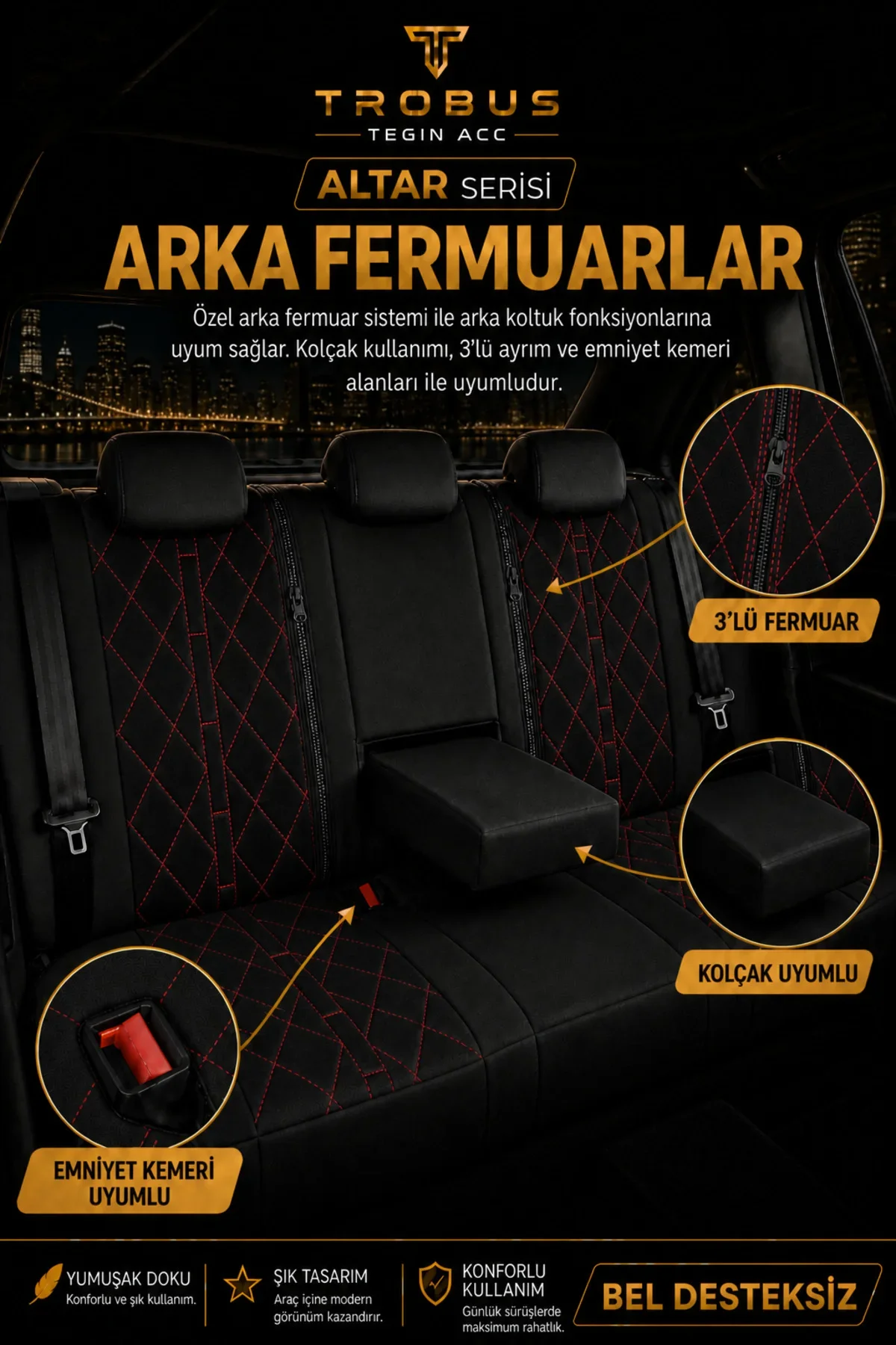 Kia Ceed 2012+ Uyumlu Altar Serisi Tay Tüyü Siyah Kırmızı Premium Koltuk Kılıfı Kia Ceed 2012+ Uyumlu Altar Serisi Tay Tüyü Siyah Kırmızı Premium Koltuk Kılıfı - Görsel 5