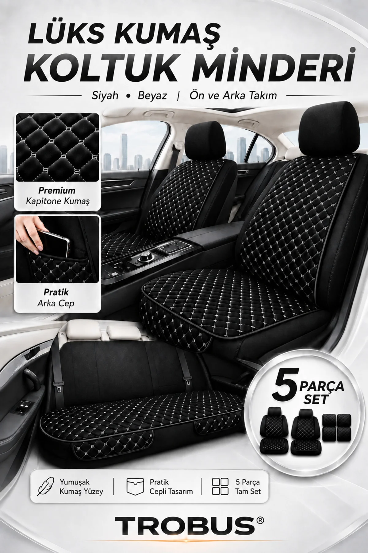 Kia CERATO 2016-2019 Uyumlu 5 Parça Terletmez Kumaş Koltuk Minderi Siyah - Beyaz Fiyatı, Yorumları ve Özellikleri