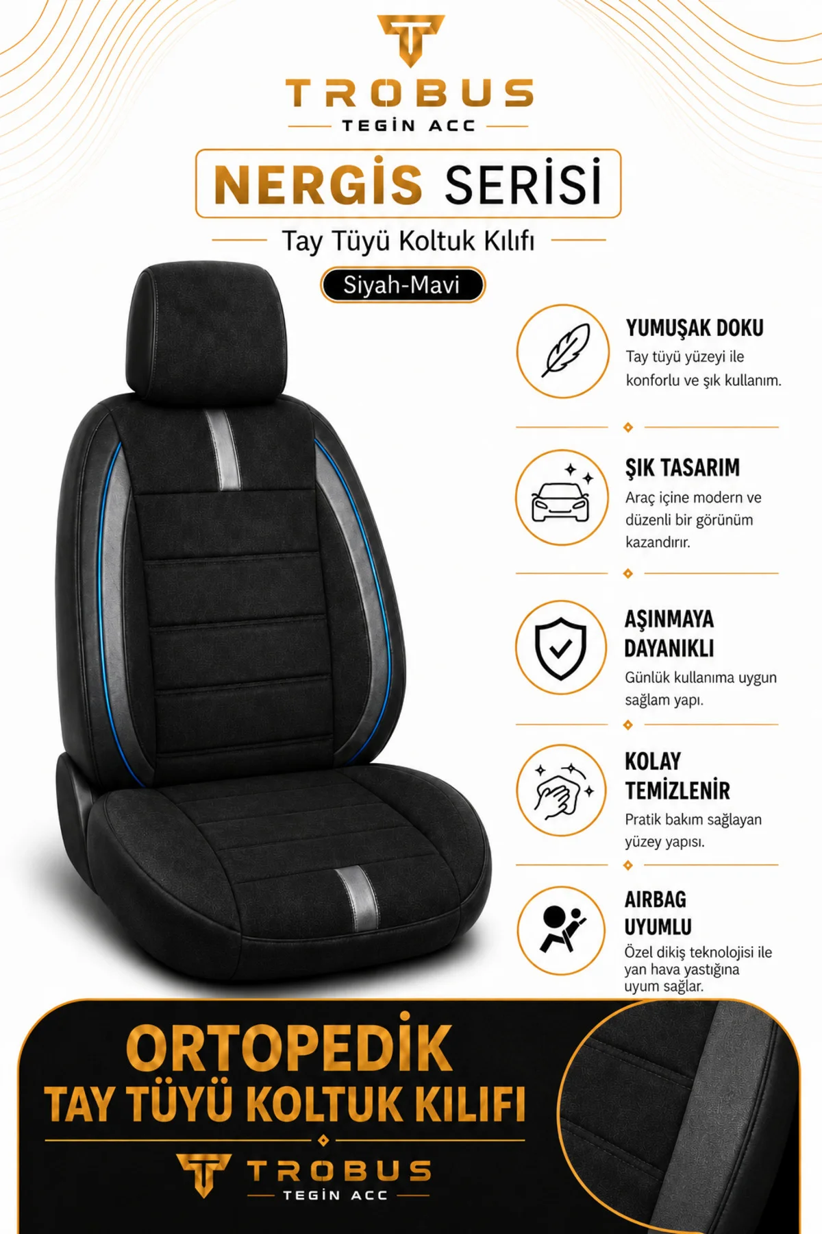Kia Picanto 2004 Sonrası Uyumlu Nergis Siyah Mavi Ortopedik Tay Tüyü Koltuk Kılıfı