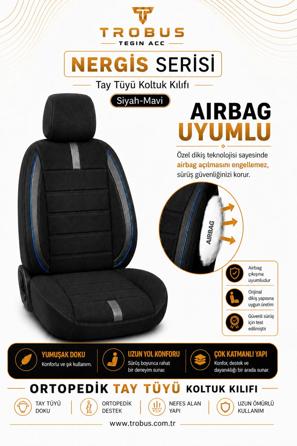 Kia Picanto 2004 Sonrası Uyumlu Nergis Siyah Mavi Ortopedik Tay Tüyü Koltuk Kılıfı