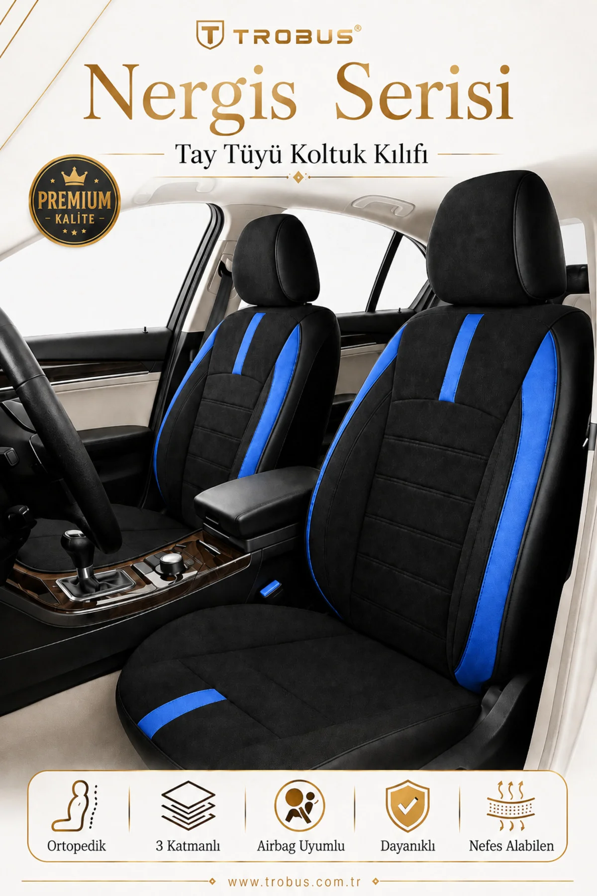 Kia Picanto 2017 ve Sonrası Uyumlu Mavi Nergis Serisi Ortopedik Tay Tüyü Koltuk Kılıfı
