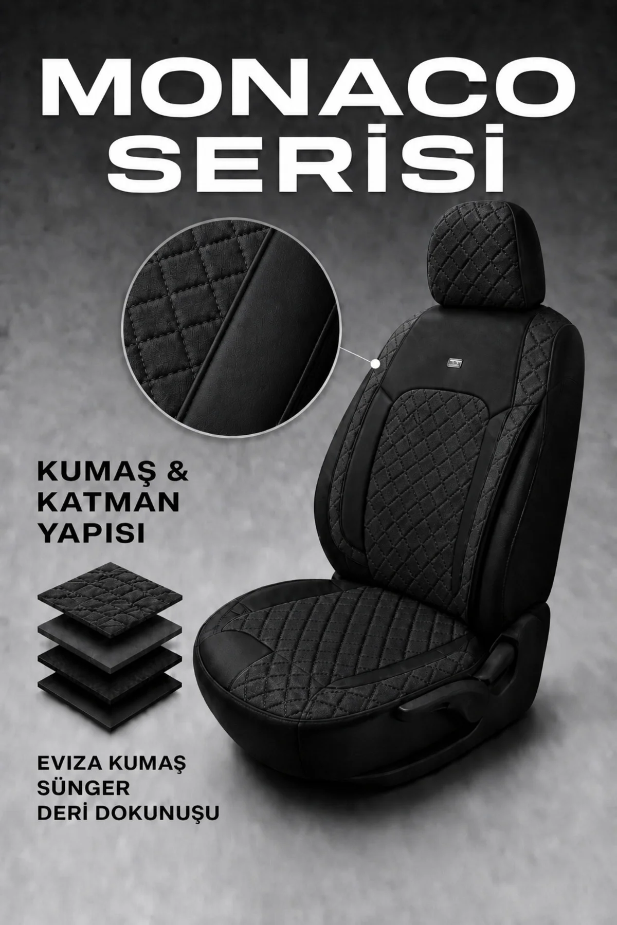 Kia Rio 2011+ Uyumlu Monaco Serisi Eviza Deri Detaylı Siyah Koltuk Kılıfı