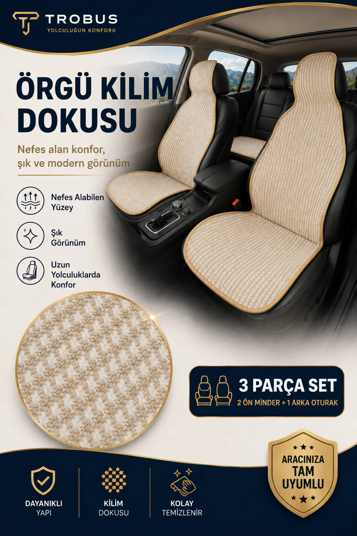 Kia Rio 2012-2015 Üniversal Örme 3 Parça Minder Terletmez Kaymaz Taban Bej - Görsel 4