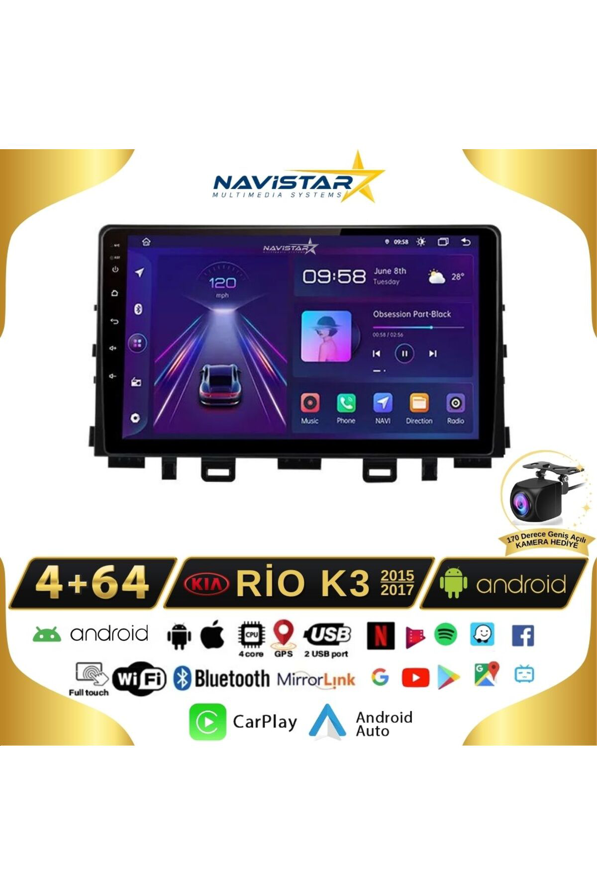 Kia Rio K3 2015-2017 Model 4 64 Gb Android 13 Kablosuz Carplay Na Kia Rio K3 2015-2017 Model 4 64 Gb Android 13 Kablosuz Carplay Na