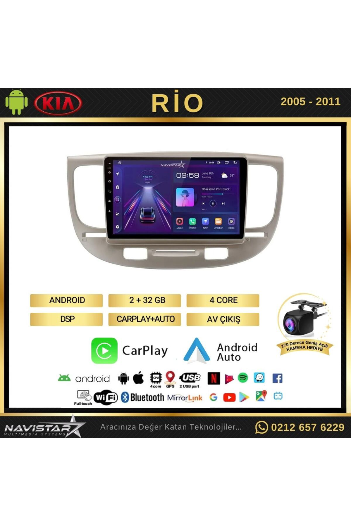 Kia Rio2 2005-2011 Model 2 64gb Android 13 Kablosuz Carplay Navig
