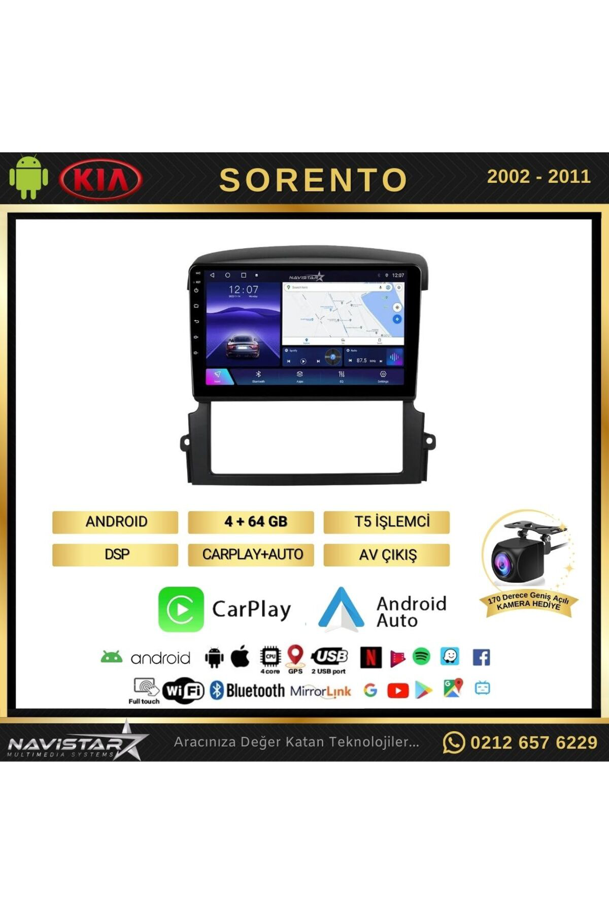 Kia Sorento 2002-2011 Model 4gb 64gb Android 13 Kablosuz Carplay 