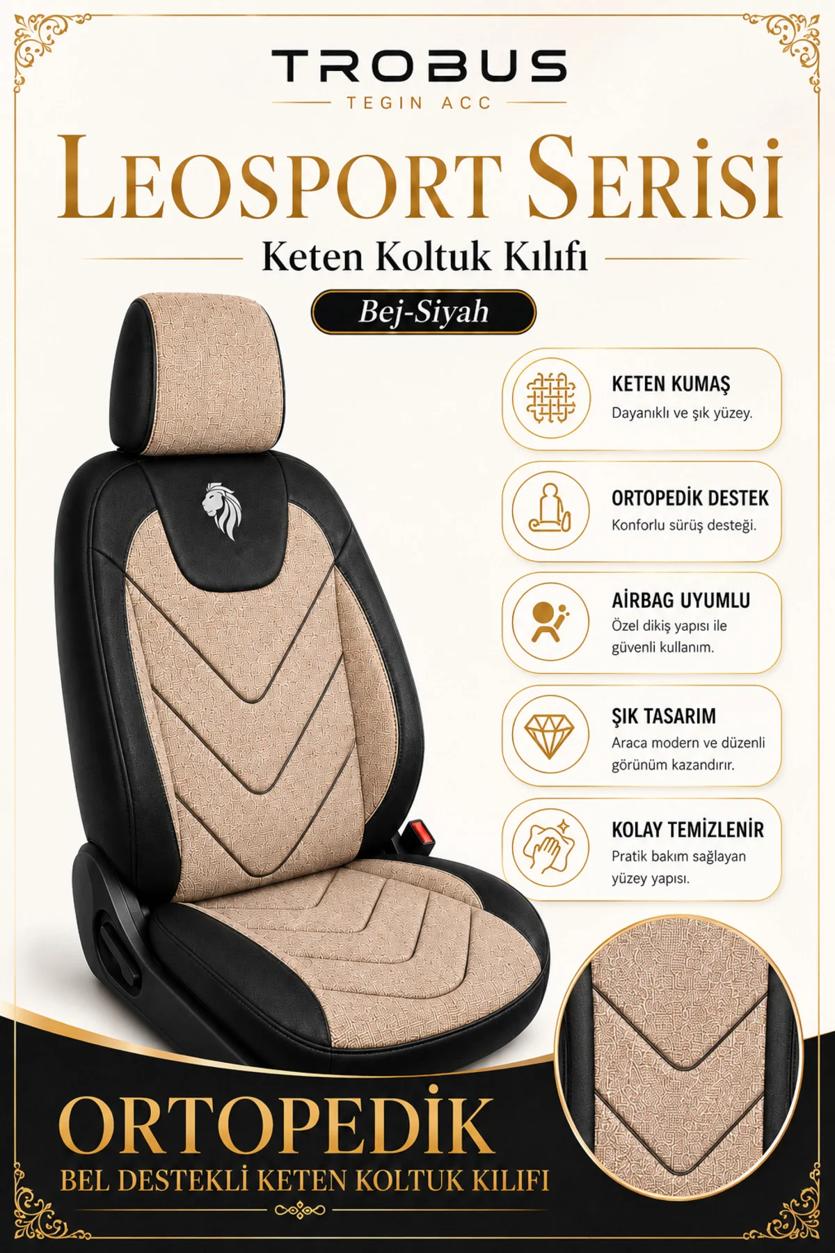 Kia Soul 2016 2017 2018 2019 Uyumlu LeoSport Serisi Bej Siyah Ortopedik Keten Koltuk Kılıfı Fiyatı, Yorumları ve Özellikleri