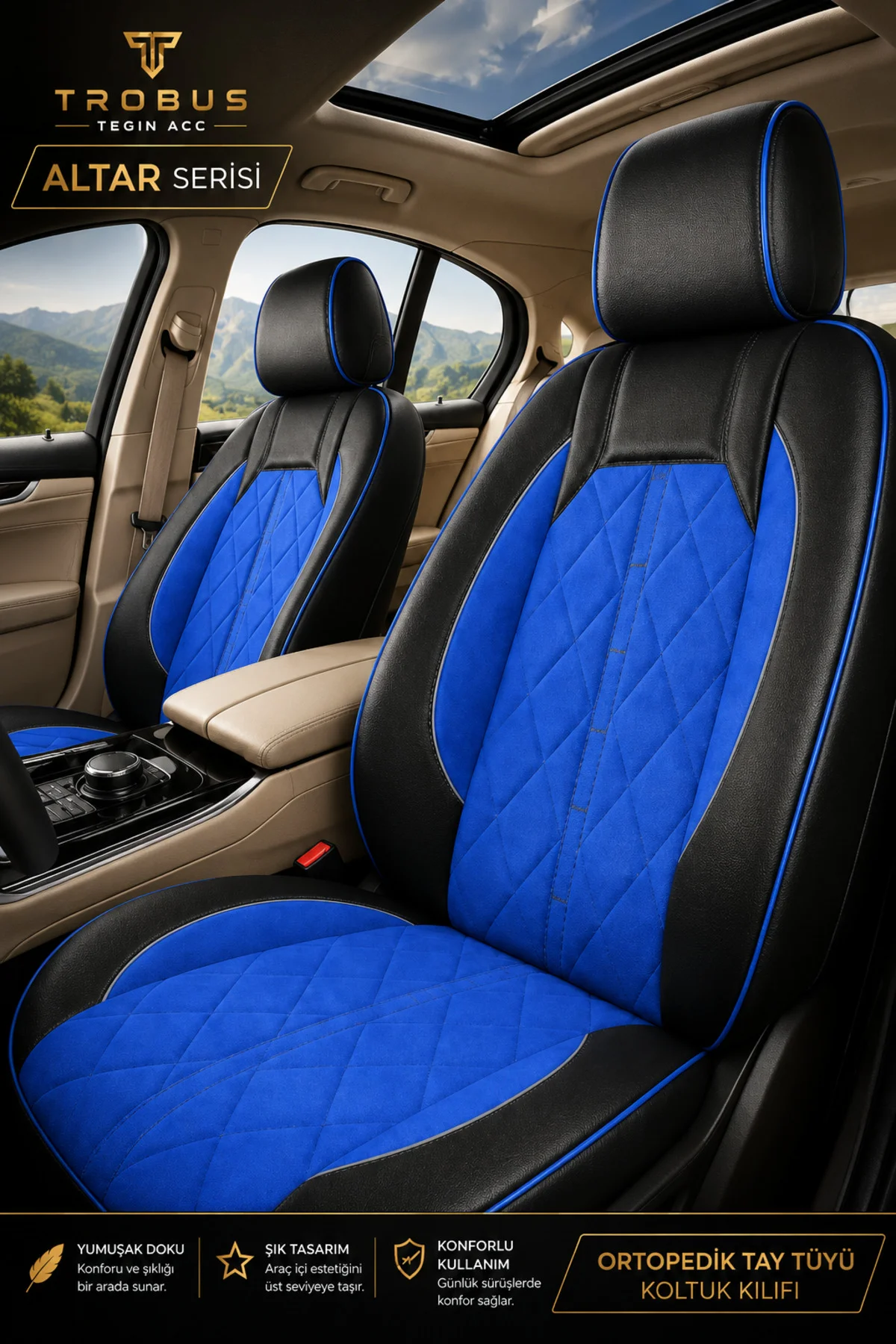 Kia Soul 2016-2019 Uyumlu Altar Serisi Tay Tüyü Mavi Siyah Premium Koltuk Kılıfı