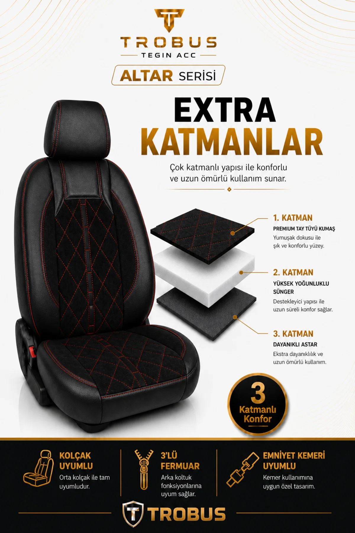 Kia Venga 2012-2015 Uyumlu Altar Serisi Tay Tüyü Siyah Kırmızı Premium Koltuk Kılıfı