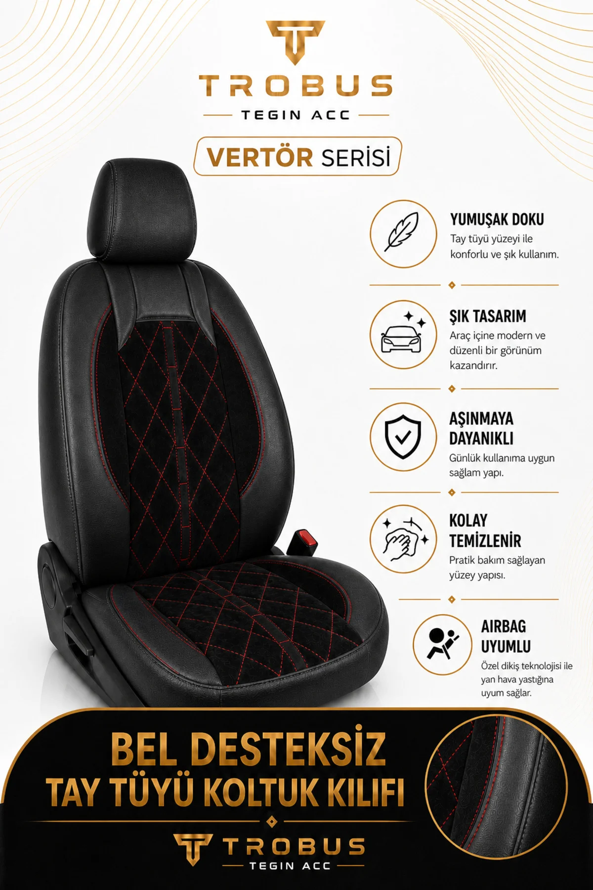 Kia Venga 2012-2015 Uyumlu Altar Serisi Tay Tüyü Siyah Kırmızı Premium Koltuk Kılıfı