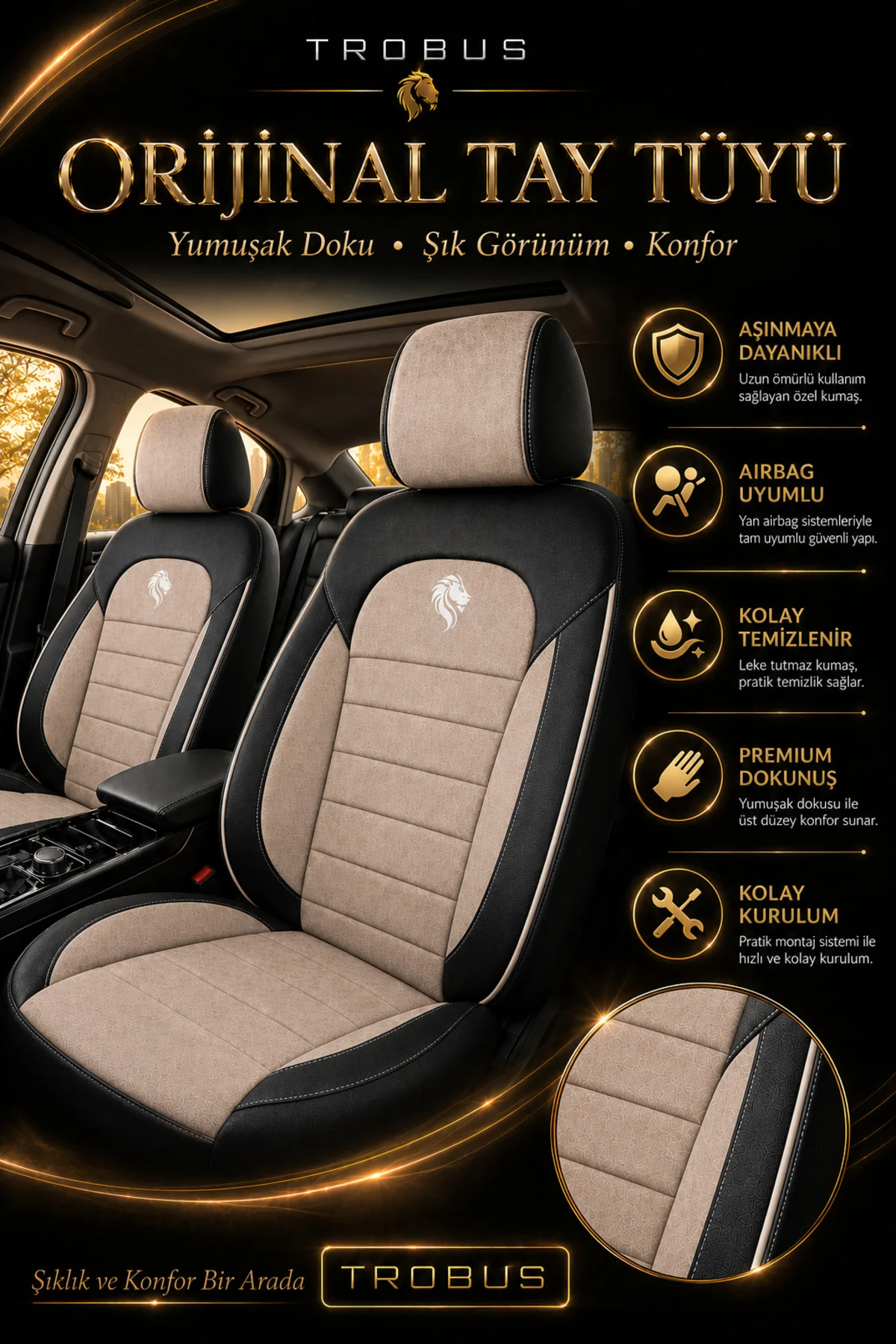 Kia Venga 2012-2015 Uyumlu Lion Serisi Tay Tüyü Bej Siyah Bej Premium Koltuk Kılıfı Fiyatı, Yorumları ve Özellikleri