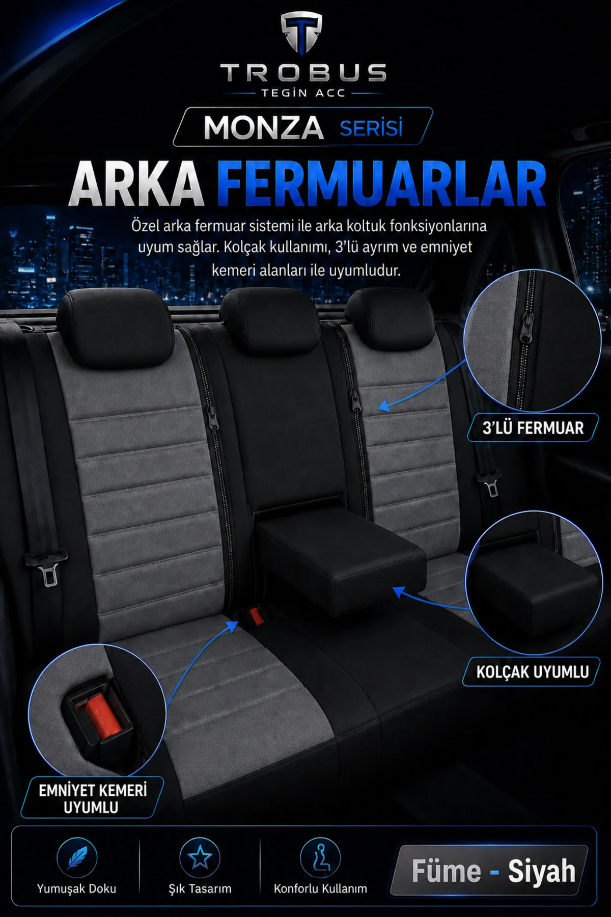Kia Venga 2012-2015 Uyumlu Monza Serisi Tay Tüyü Oto Koltuk Kılıfı Füme Siyah Kia Venga 2012-2015 Uyumlu Monza Serisi Tay Tüyü Oto Koltuk Kılıfı Füme Siyah