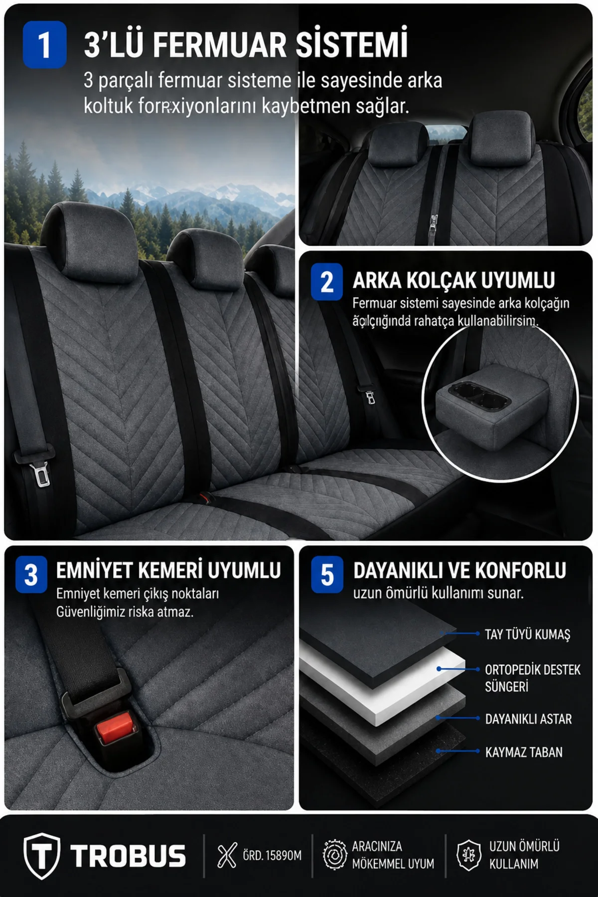 Kia Venga 2012-2015 Uyumlu Süvari Serisi Tay Tüyü Füme Siyah Premium Koltuk Kılıfı