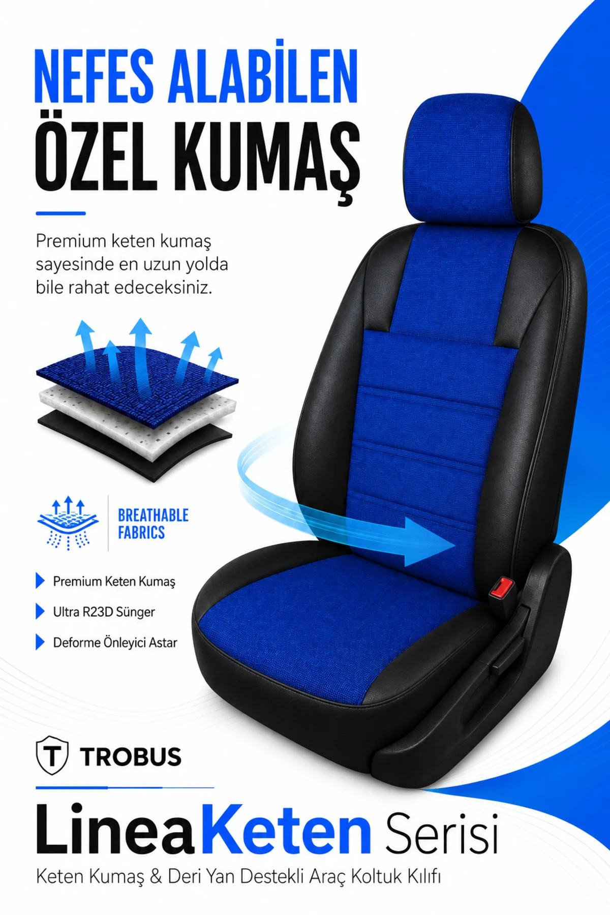 Kia Venga 2012-2015 Uyumlu LineaKeten Serisi Ortopedik Mavi Siyah Koltuk Kılıfı