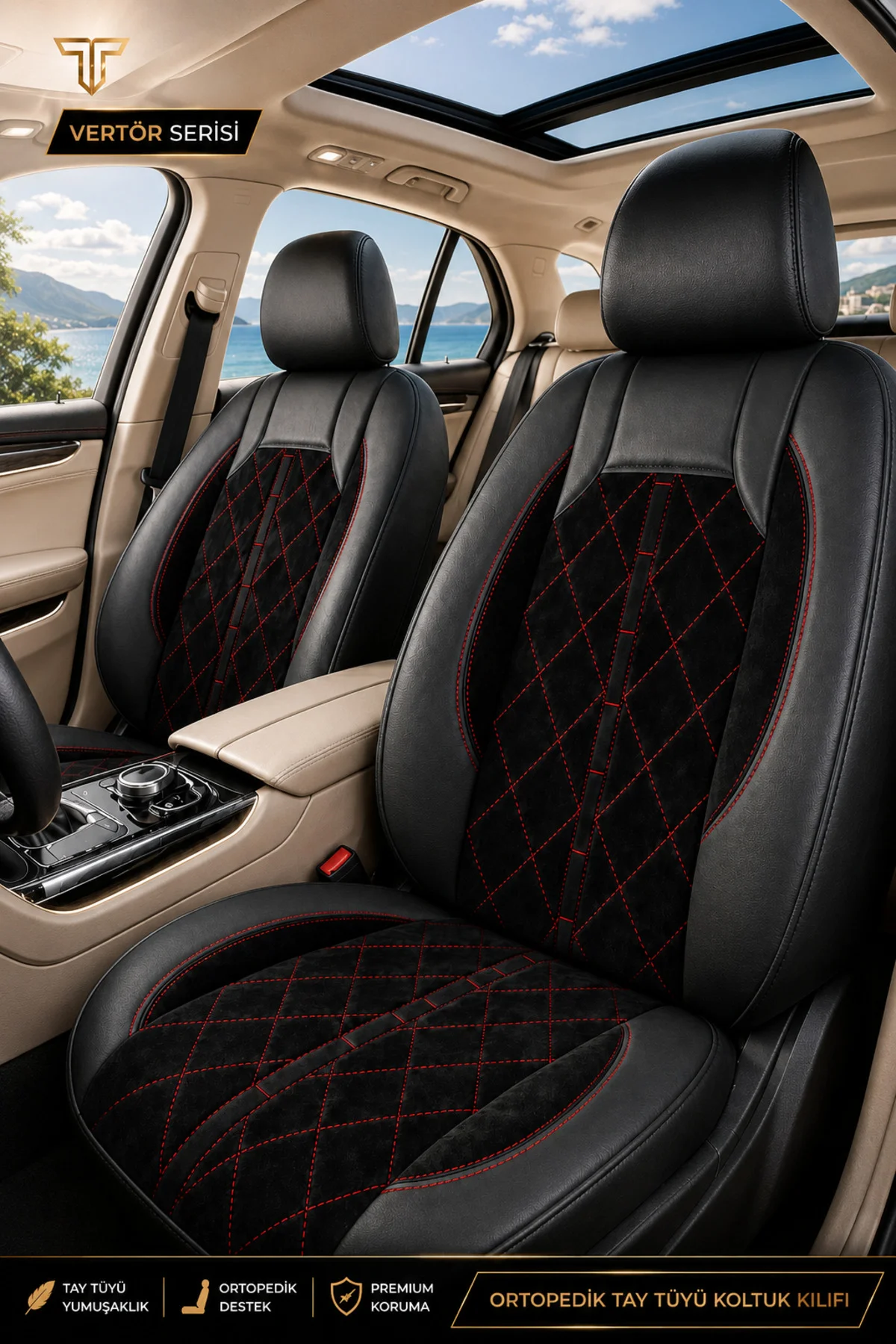 Kia Venga 2012-2015 Uyumlu Altar Serisi Tay Tüyü Siyah Kırmızı Premium Koltuk Kılıfı