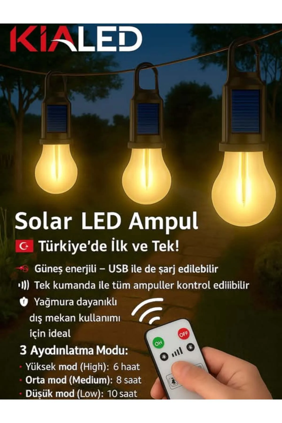 Kialed Solar Güneş Enerjili Zaman Ayarlı Type-C Şarjlı Kumandalı Çadır Lambası - Görsel 2