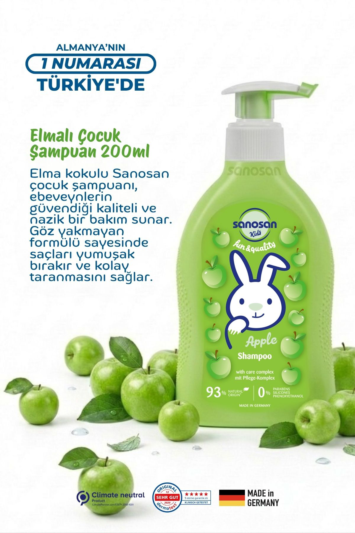 Kids Elma Özlü Çocuk Şampuanı 200 ml – Göz Yakmayan, Süt Proteinli Kolay Tarama Şampuanı Kids Elma Özlü Çocuk Şampuanı 200 ml – Göz Yakmayan, Süt Proteinli Kolay Tarama Şampuanı