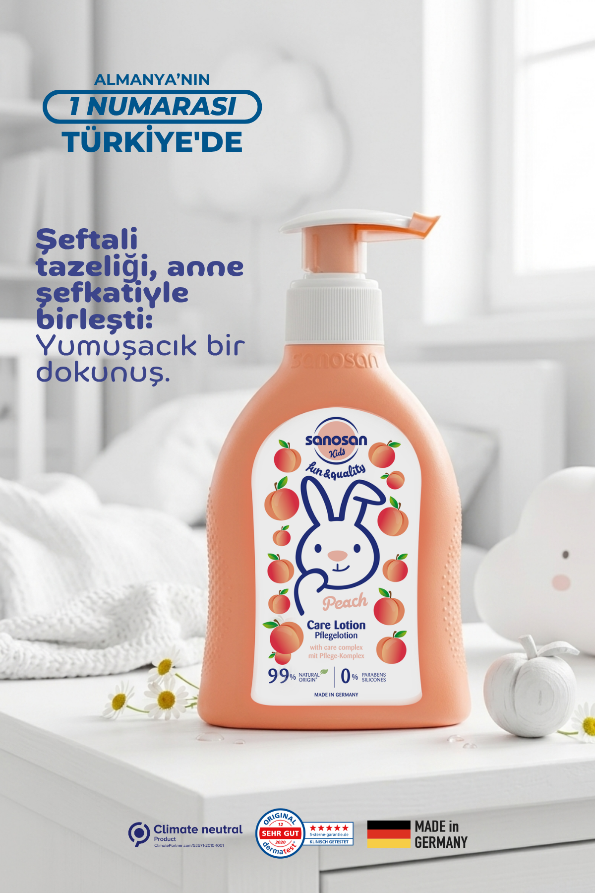 Kids Şeftali Özlü Çocuk Bakım Losyonu 200 ml – Süt Proteinli 24 Saat Nemlendirici Bakım
