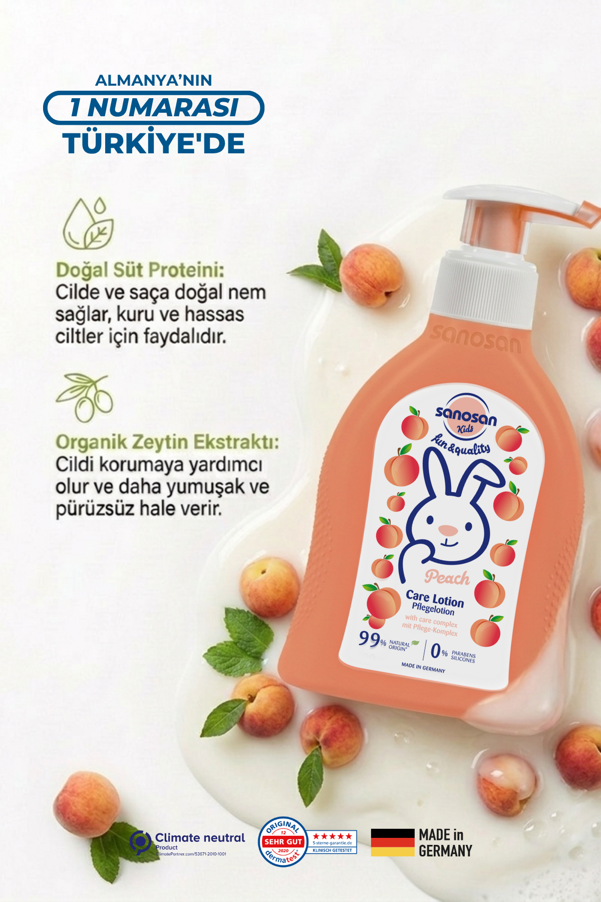 Kids Şeftali Özlü Çocuk Bakım Losyonu 200 ml – Süt Proteinli 24 Saat Nemlendirici Bakım