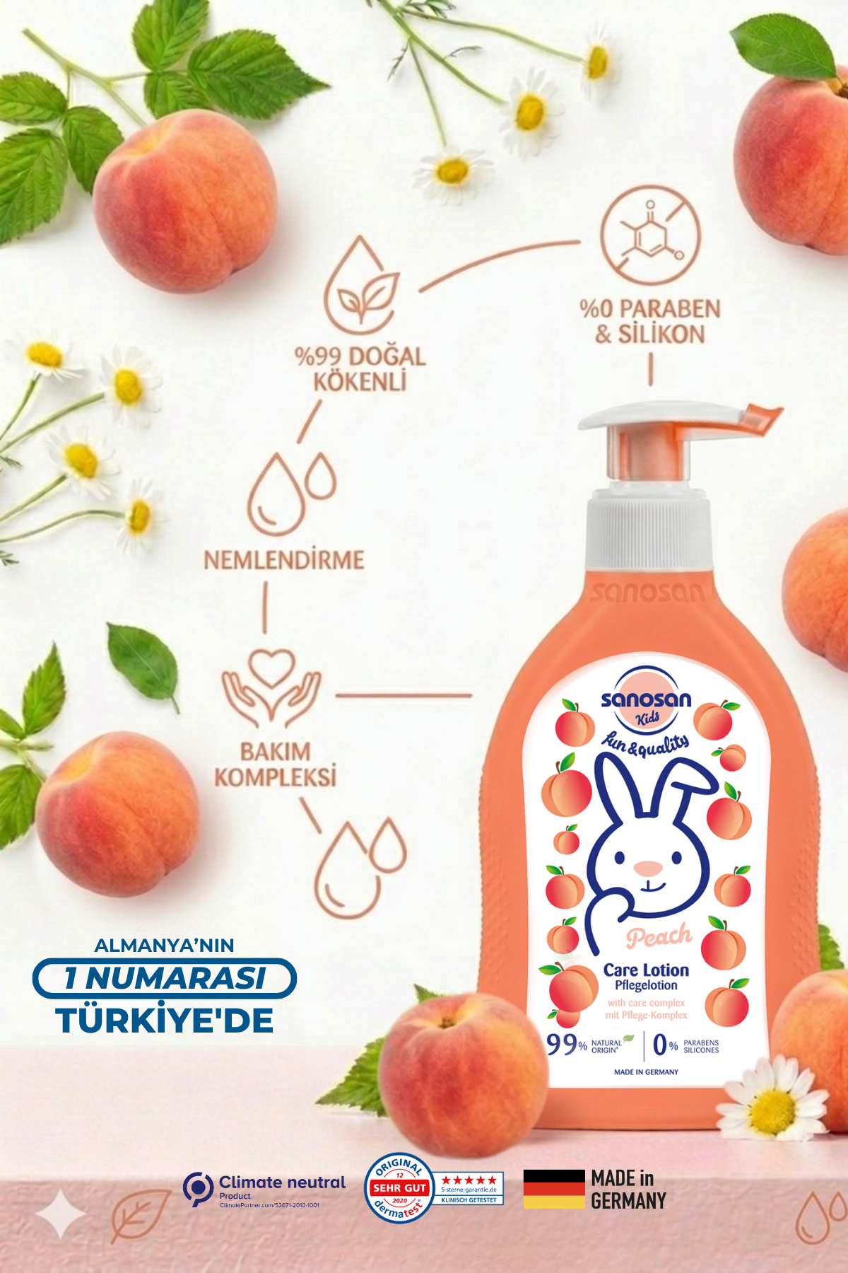 Kids Şeftali Özlü Çocuk Bakım Losyonu 200 ml – Süt Proteinli 24 Saat Nemlendirici Bakım
