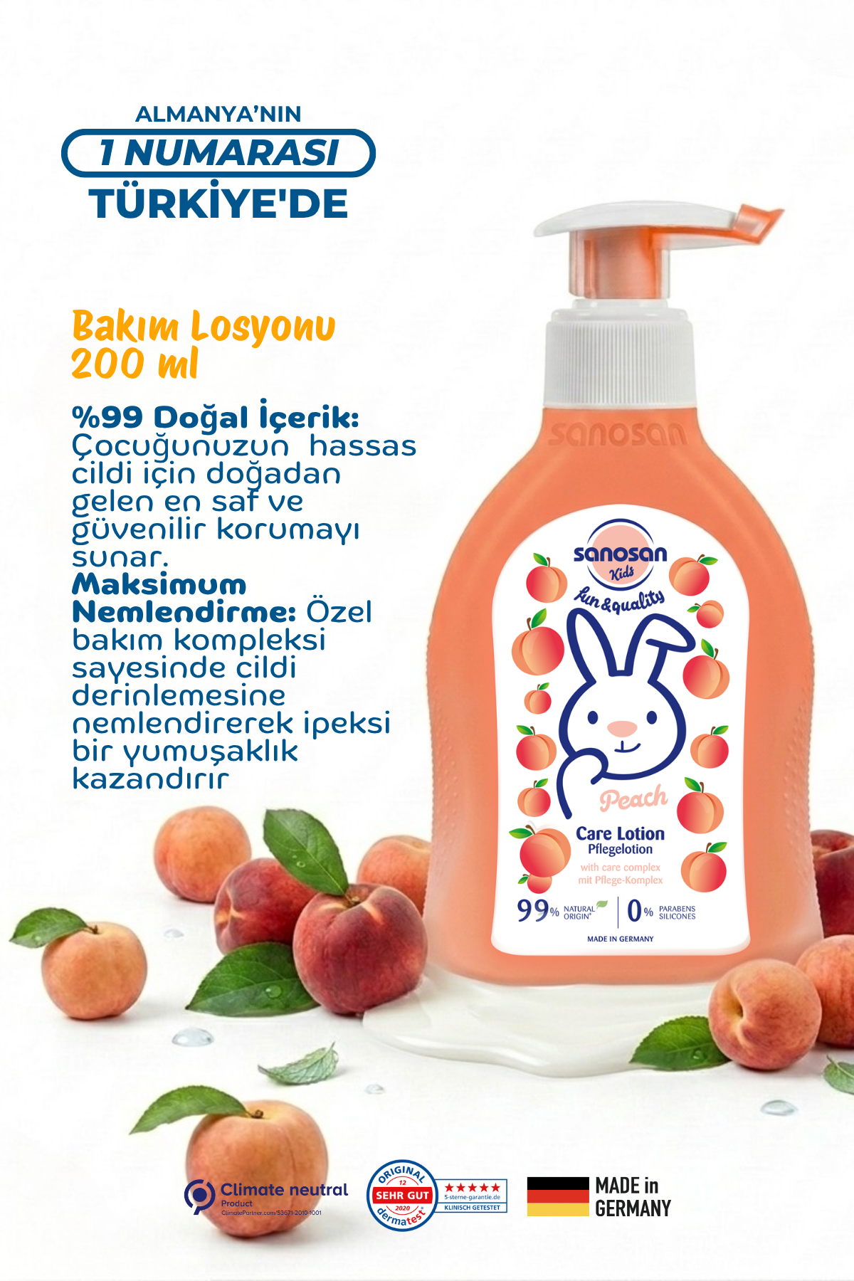 Kids Şeftali Özlü Çocuk Bakım Losyonu 200 ml – Süt Proteinli 24 Saat Nemlendirici Bakım