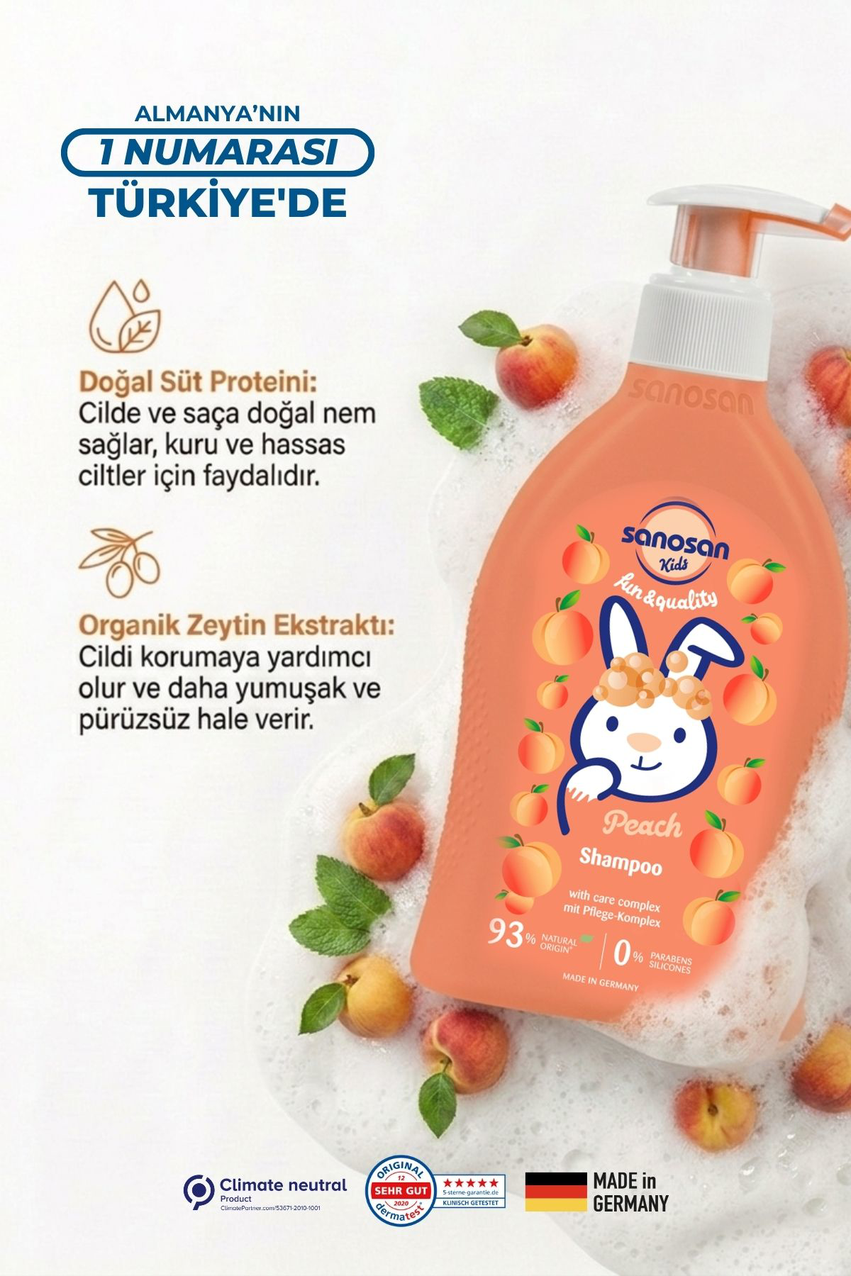 Kids Şeftali Özlü Çocuk Şampuanı 200 ml – Göz Yakmayan, Süt Proteinli Kolay Tarama Şampuanı