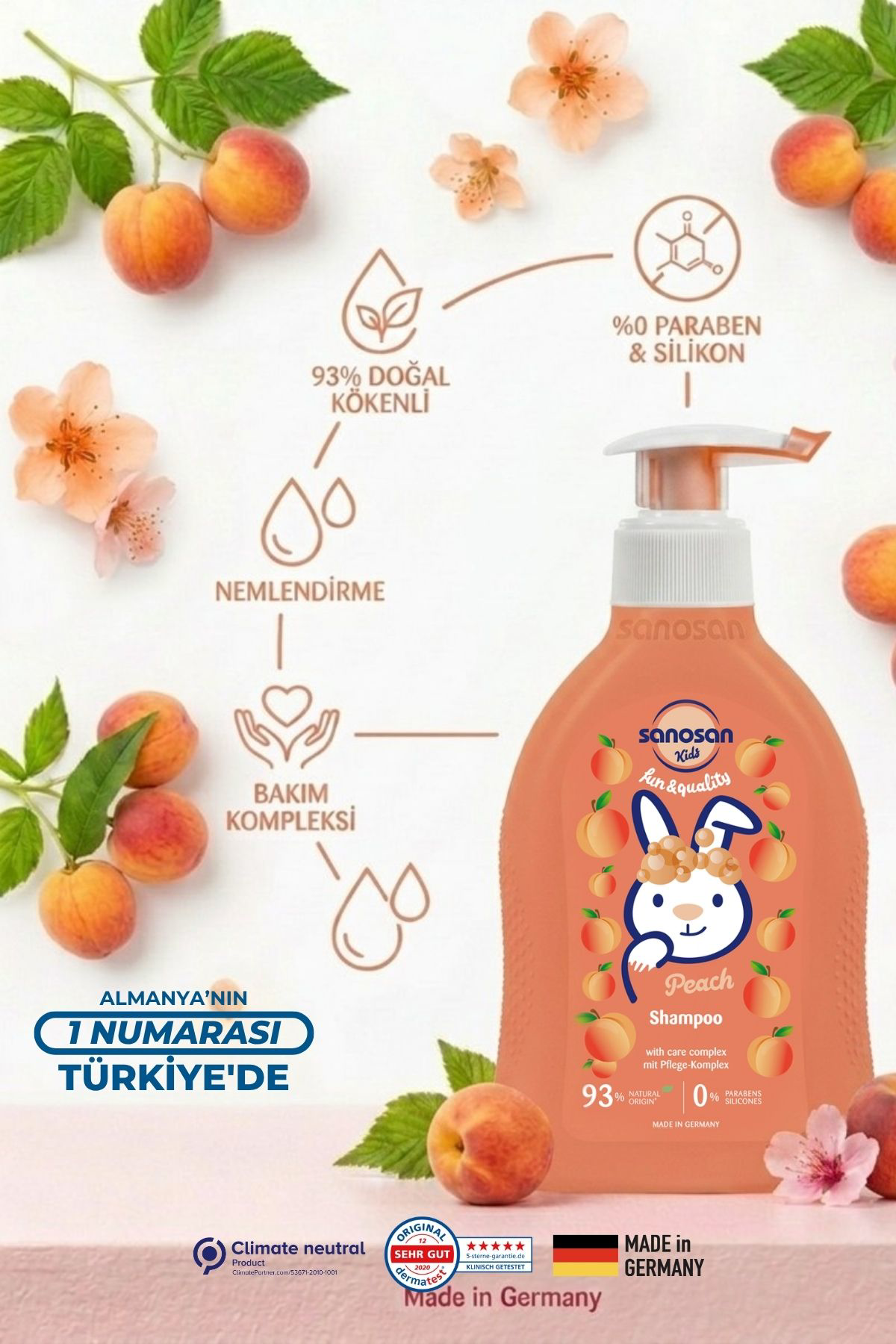 Kids Şeftali Özlü Çocuk Şampuanı 200 ml – Göz Yakmayan, Süt Proteinli Kolay Tarama Şampuanı