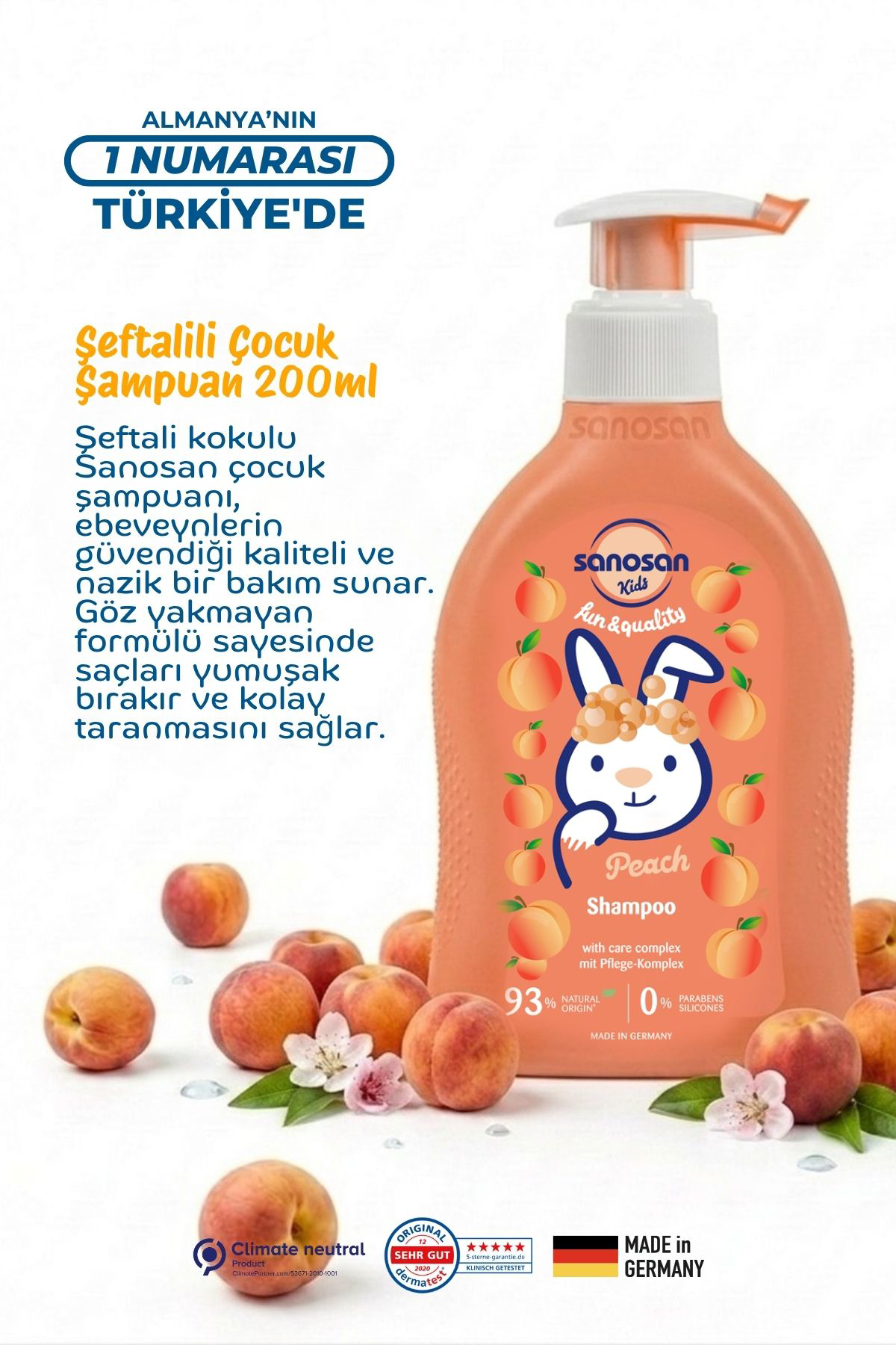 Kids Şeftali Özlü Çocuk Şampuanı 200 ml – Göz Yakmayan, Süt Proteinli Kolay Tarama Şampuanı