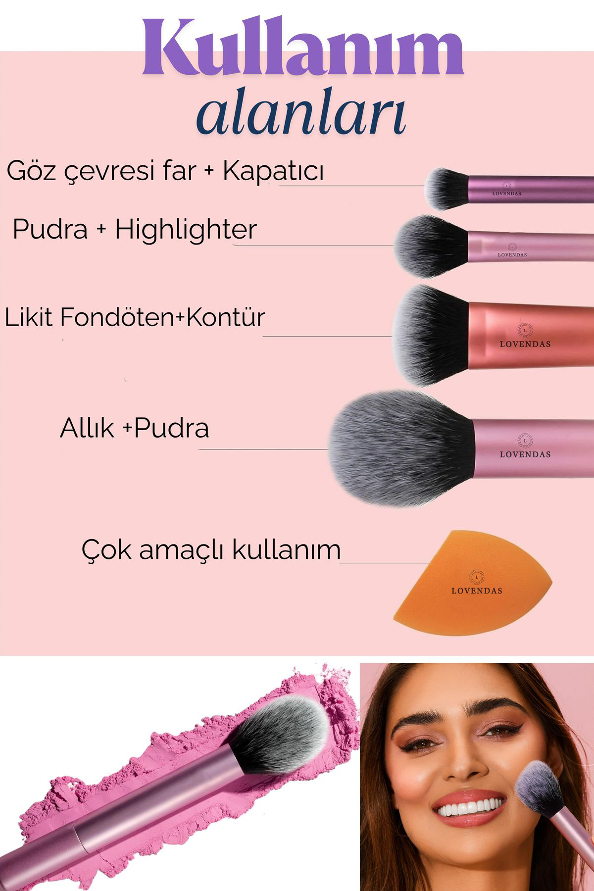 Lovendas Kifi Premium Makyaj Fırça Ve Sünger Seti 4+1