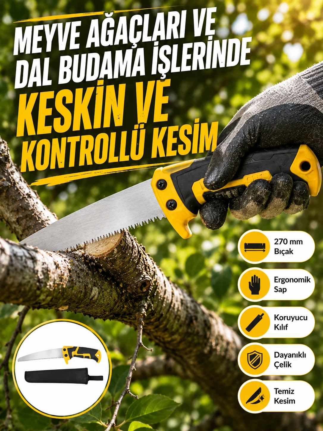 Kılıflı Budama Bahçe Testeresi 270 mm Düz Bıçaklı