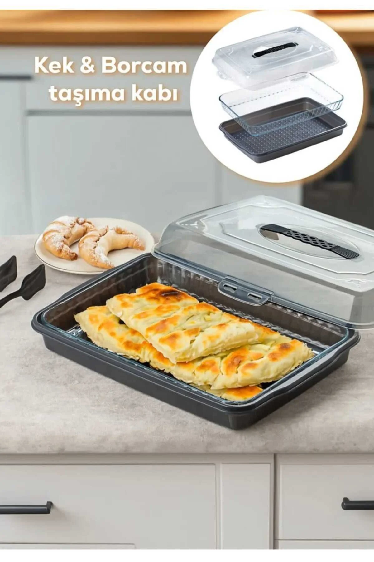 Kilitli Kapaklı Kek Börek Pasta Saklama, BORCAM TAŞIMA KABI - Kek