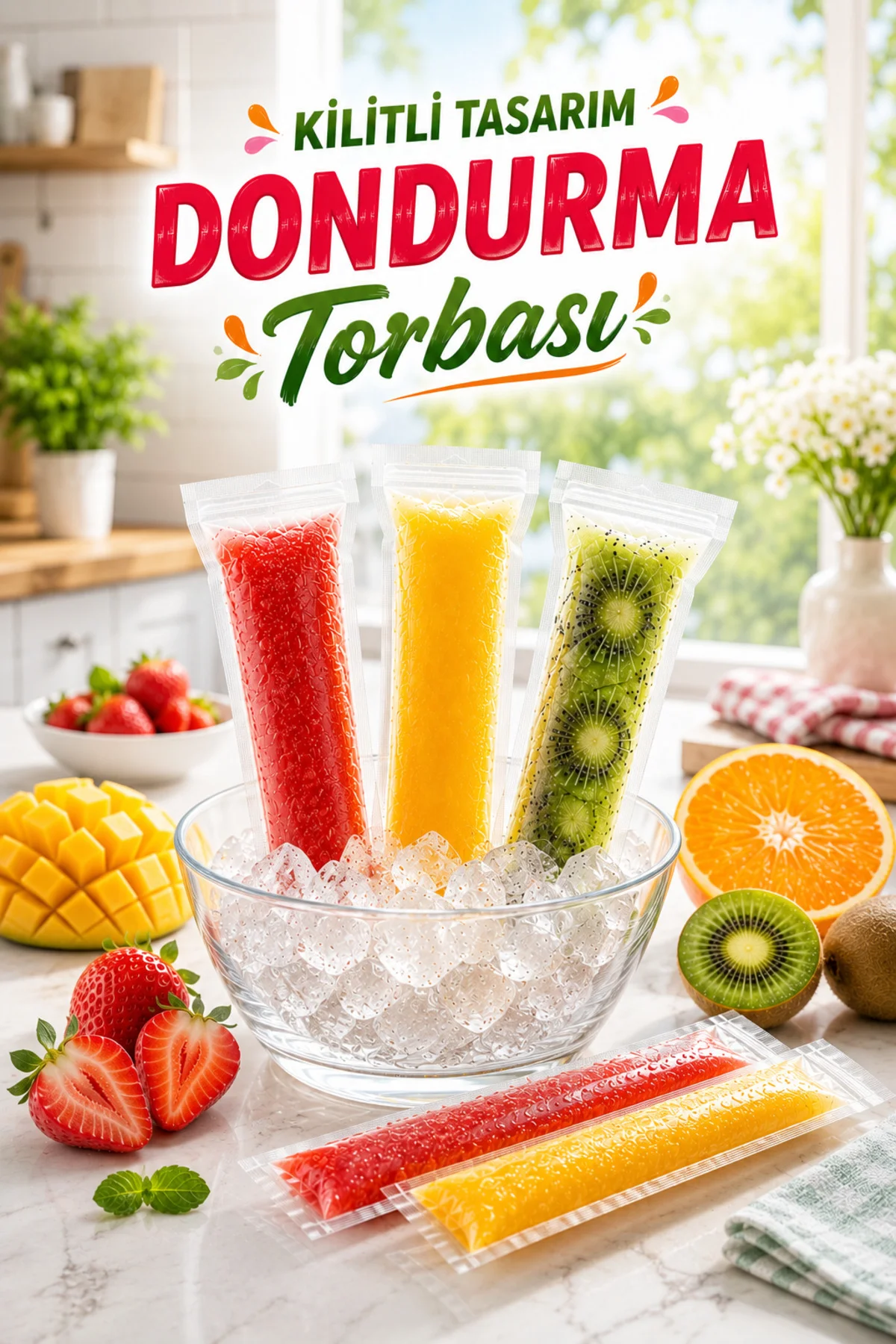 Kilitli Meyveli Buz Dondurma Poşeti 5,5x22 cm Ev Yapımı Dondurma ve Meyve Suyu Buz Torbası 25 adet