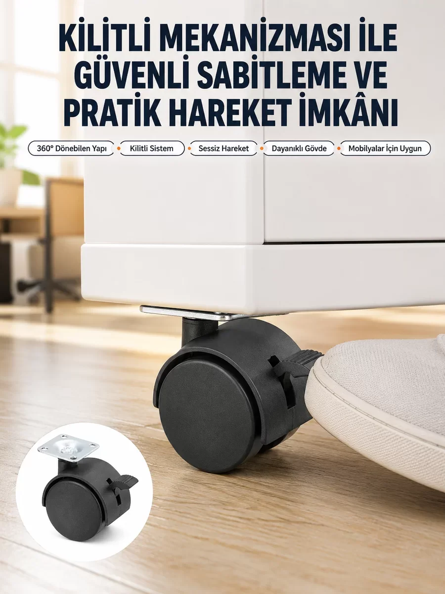 Kilitli Mini Tekerlek Ayak 4 cm 4'lü Set - Mobilya ve Sehpa Koruma