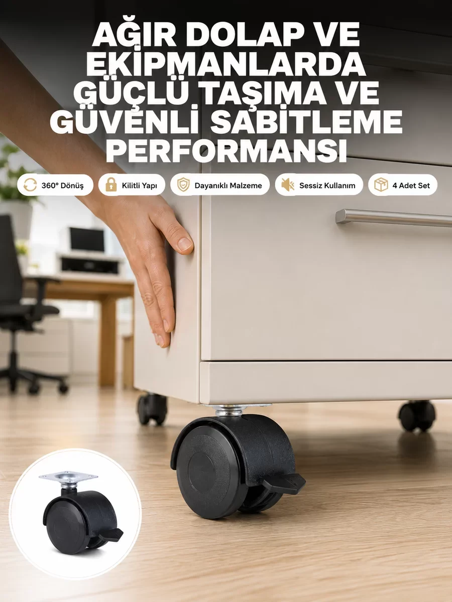 Kilitli Mobilya Tekerleği 6 cm 4’lü Kolay Kurulum Seti - Zemin Dostu & 360° Dönebilir