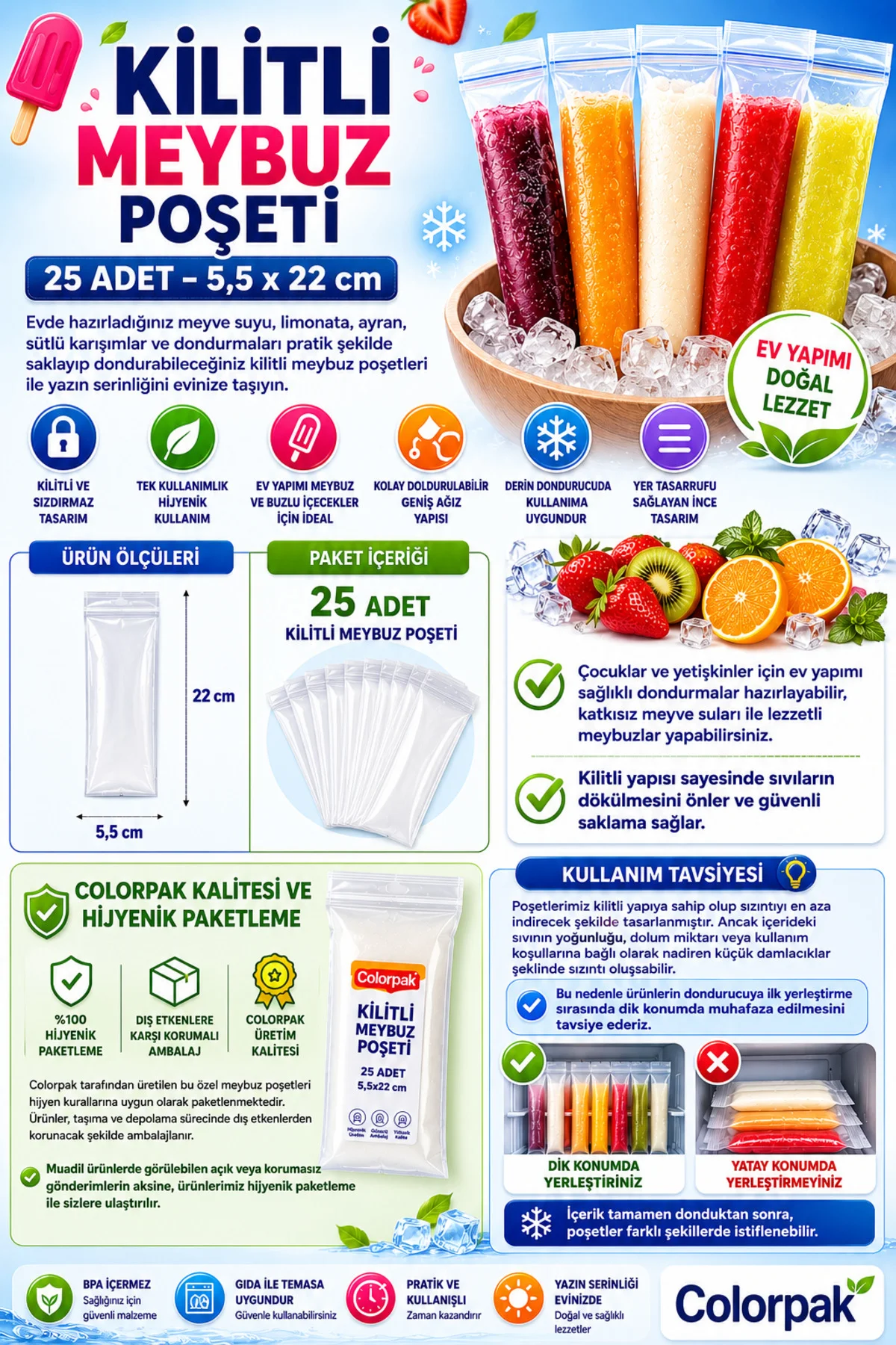 Kilitli Pratik Dondurma Poşeti 5,5x22 cm Ev Yapımı Dondurma ve Meyve Suyu Buz Torbası