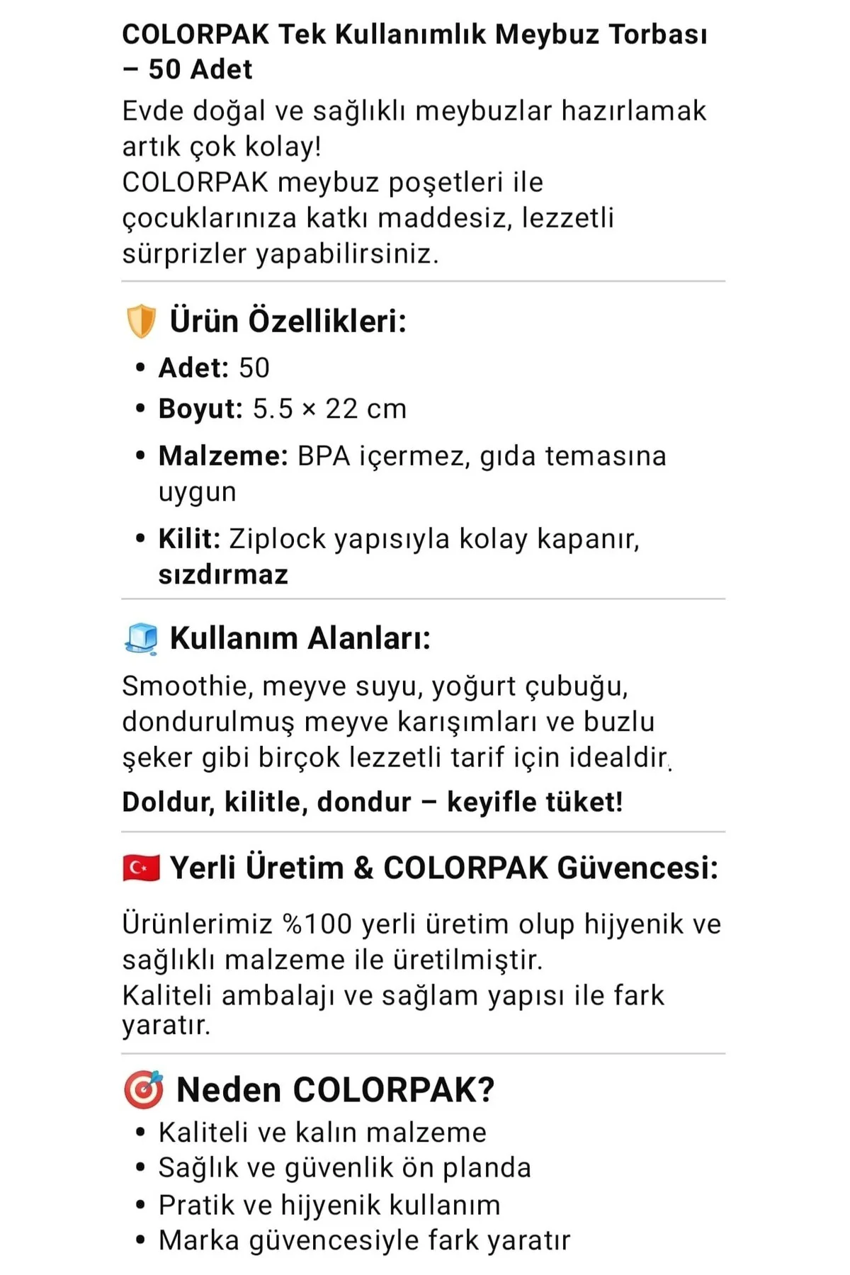 Kilitli Pratik Dondurma Poşeti 5,5x22 cm Ev Yapımı Dondurma ve Meyve Suyu Buz Torbası