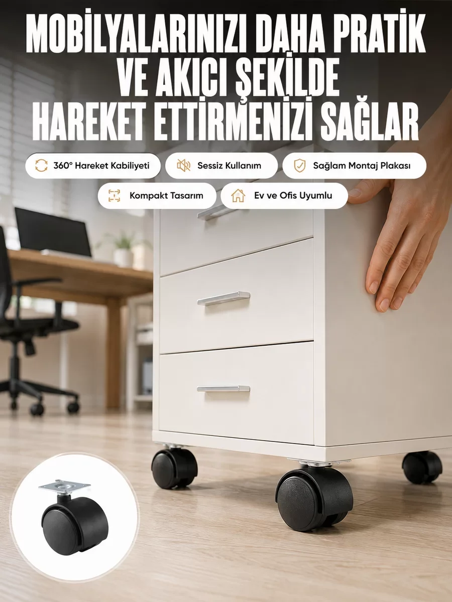 Kilitsiz 4 cm Tekerlek Ayak 4'lü Set – Sessiz ve Dayanıklı Mobilya Taşıma Çözümü