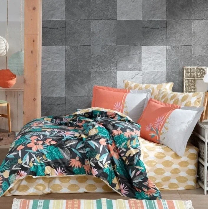 Kingsize Poplin Nevresim Monstera Oranj