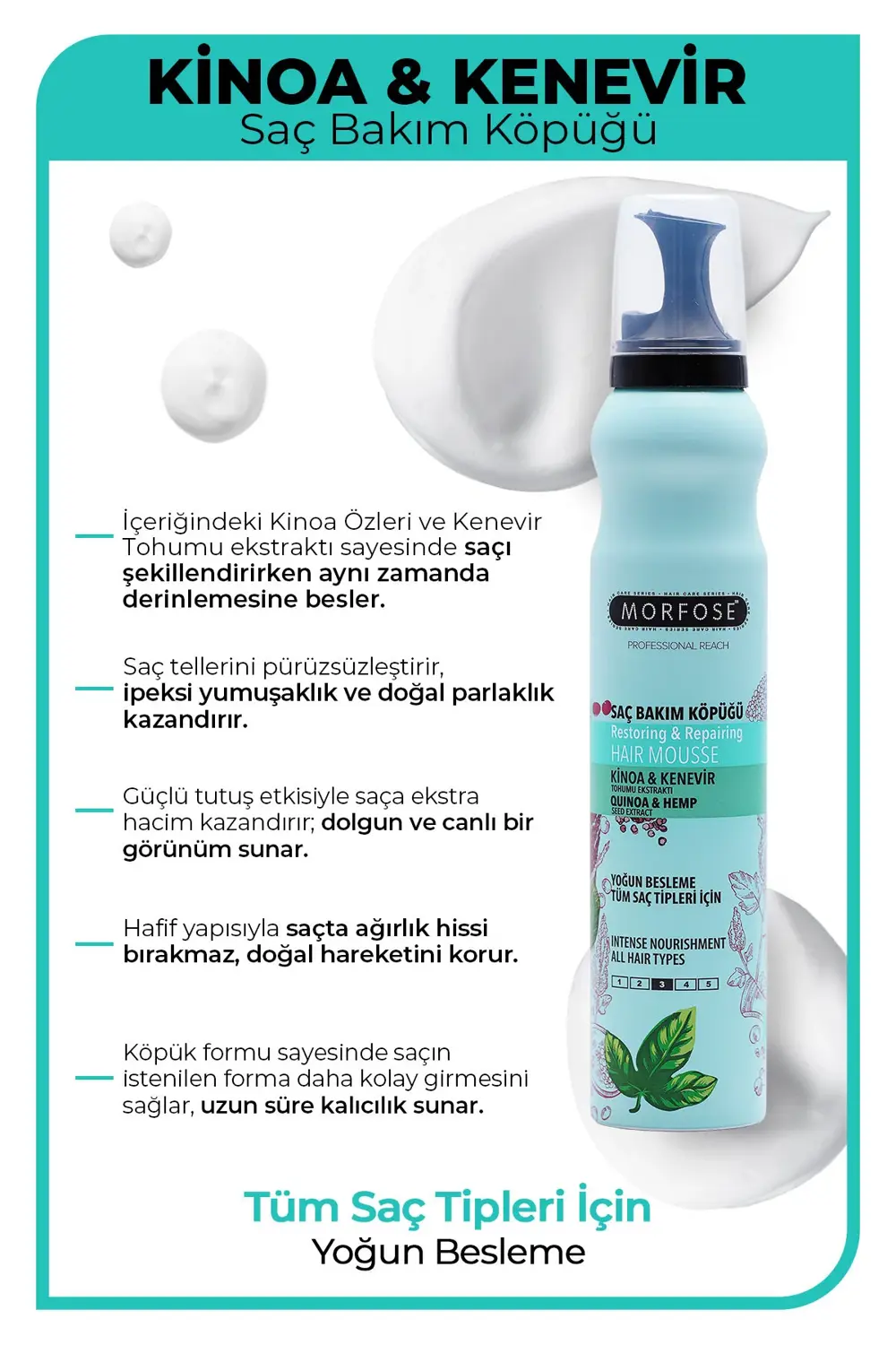 Kinoa Saç Köpüğü 200 ml - Yoğun Besleme- Tüm Saç Tipleri