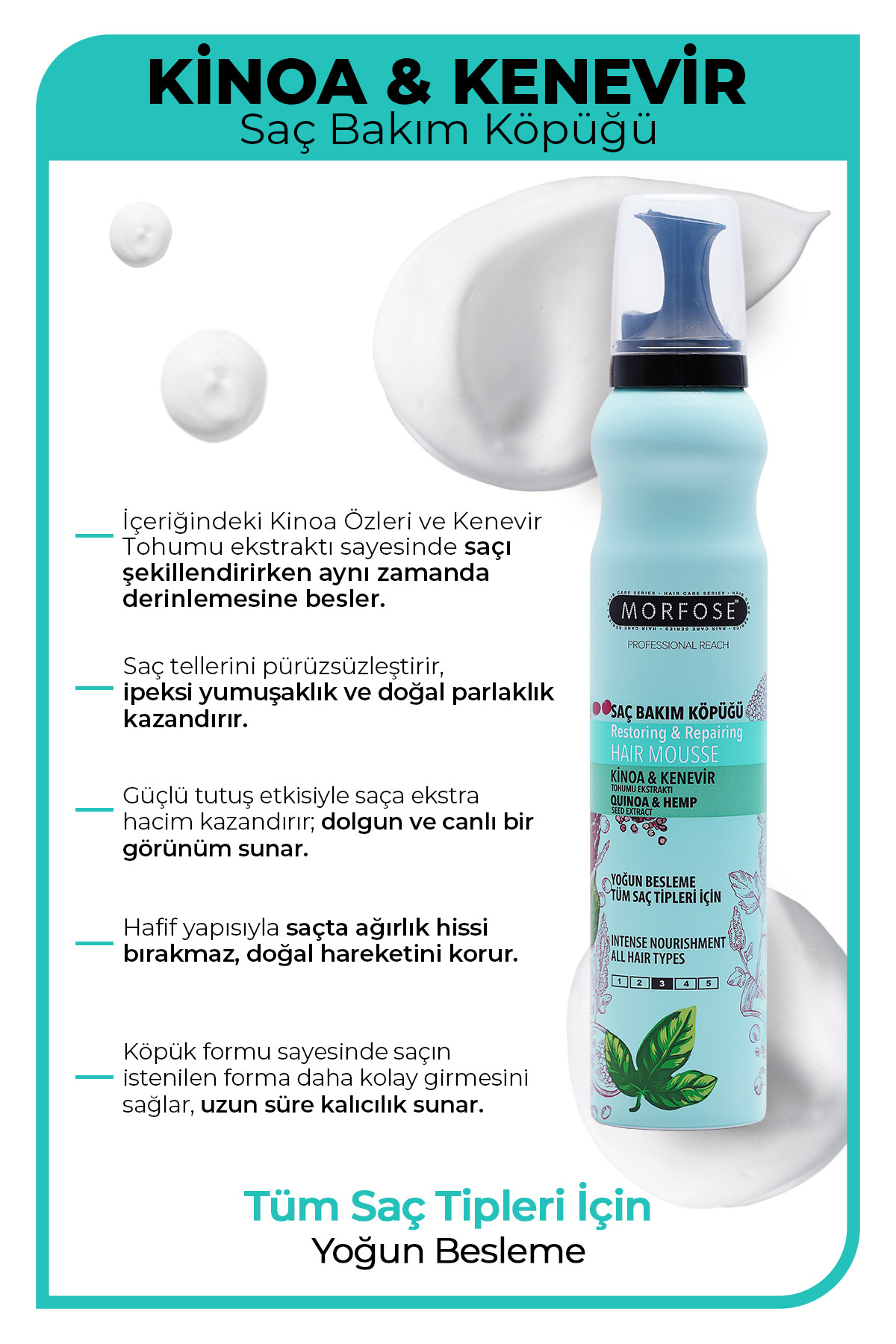 Kinoa Saç Köpüğü 200 ml - Yoğun Besleme- Tüm Saç Tipleri