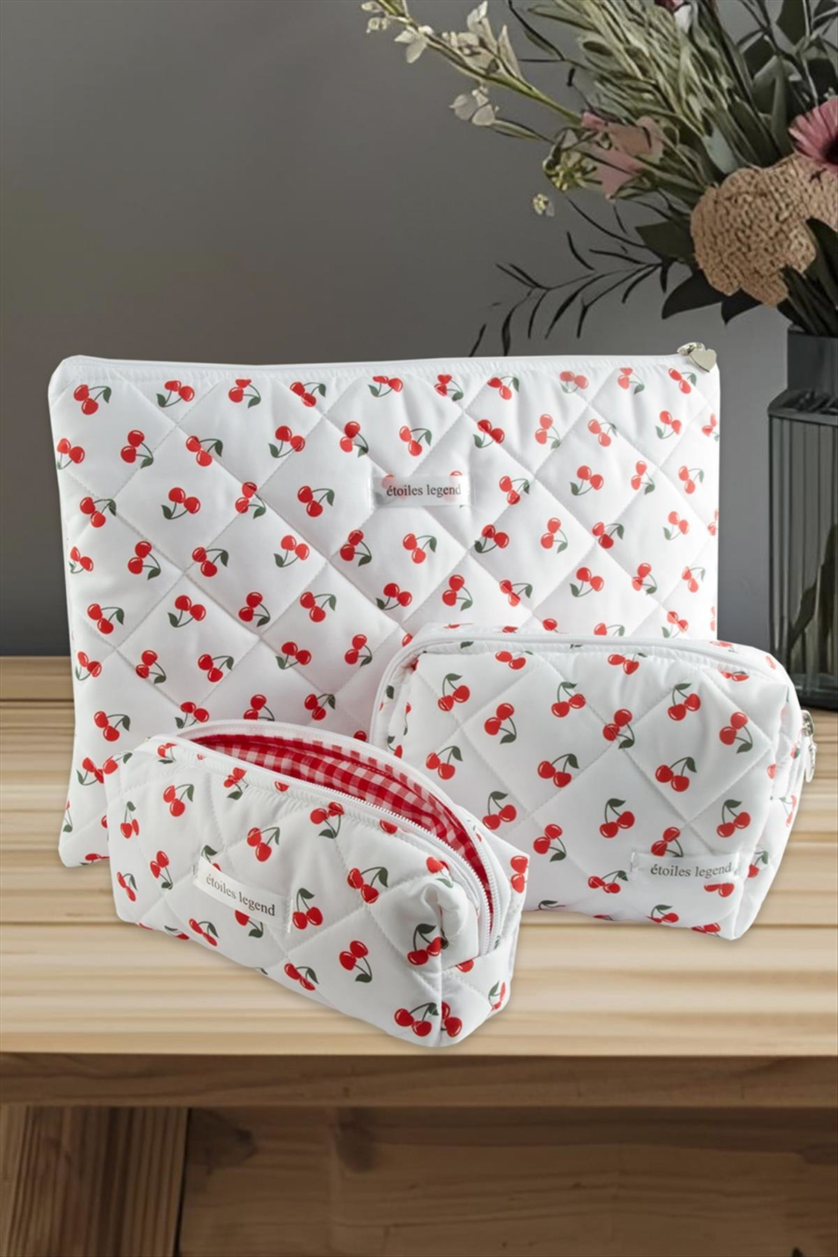 Kiraz Desenli Kalem Makyaj Labtop Bilgisayar Set Çantası Kiraz Desenli Kalem Makyaj Labtop Bilgisayar Set Çantası