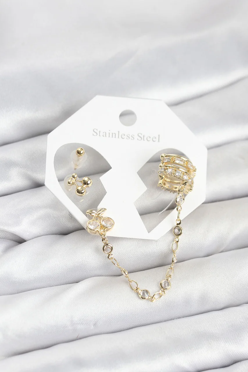 Kiraz Model Pirinç Gold Renk Zincir Bağlantılı Ear Cuff Küpe Seti Tj-bkp11549 Diğer