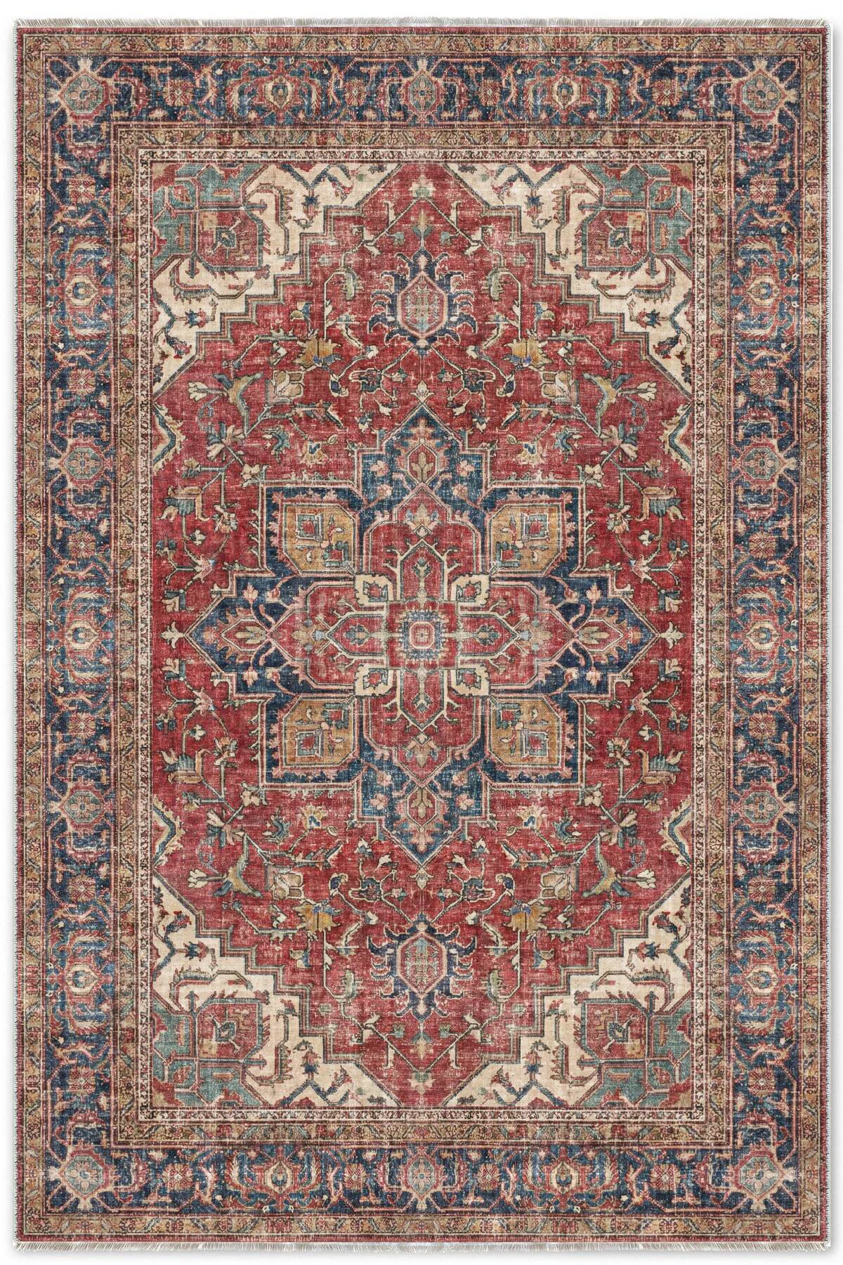 Kiremit Kırmızı Lacivert Boho Eskitme Şönil Halı Kilim Yolluk Kay
