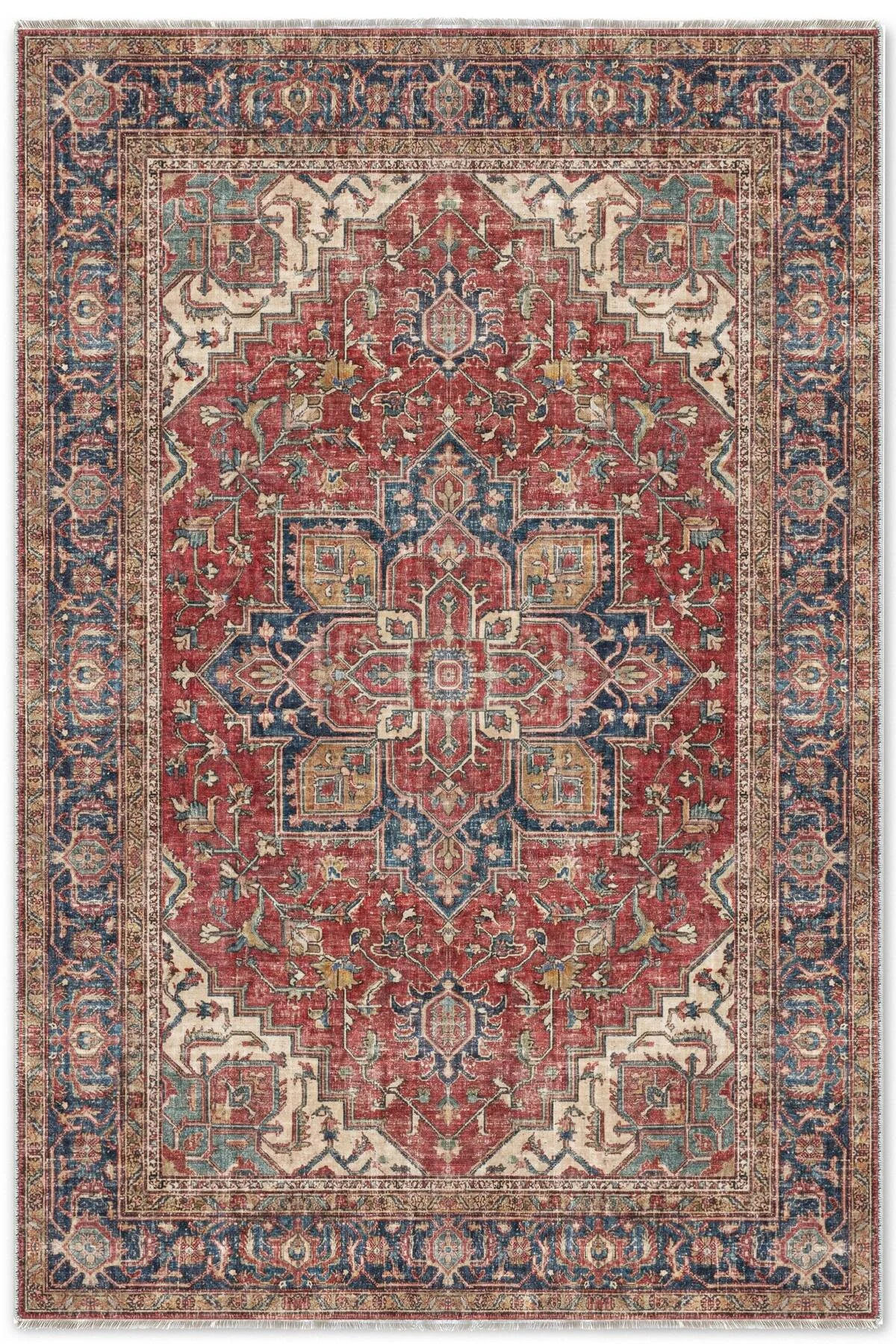 Kiremit Kırmızı Lacivert Boho Eskitme Şönil Halı Kilim Yolluk Kaymaz Salon Mutfak Koridor