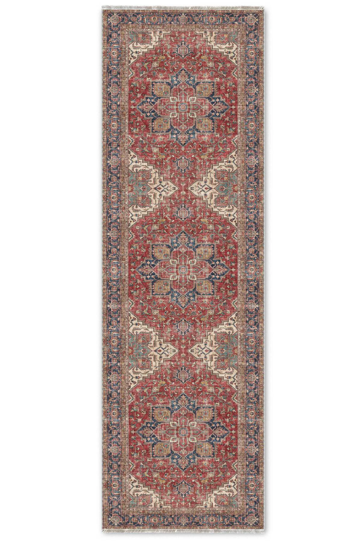 Kiremit Kırmızı Lacivert Boho Eskitme Şönil Halı Kilim Yolluk Kay