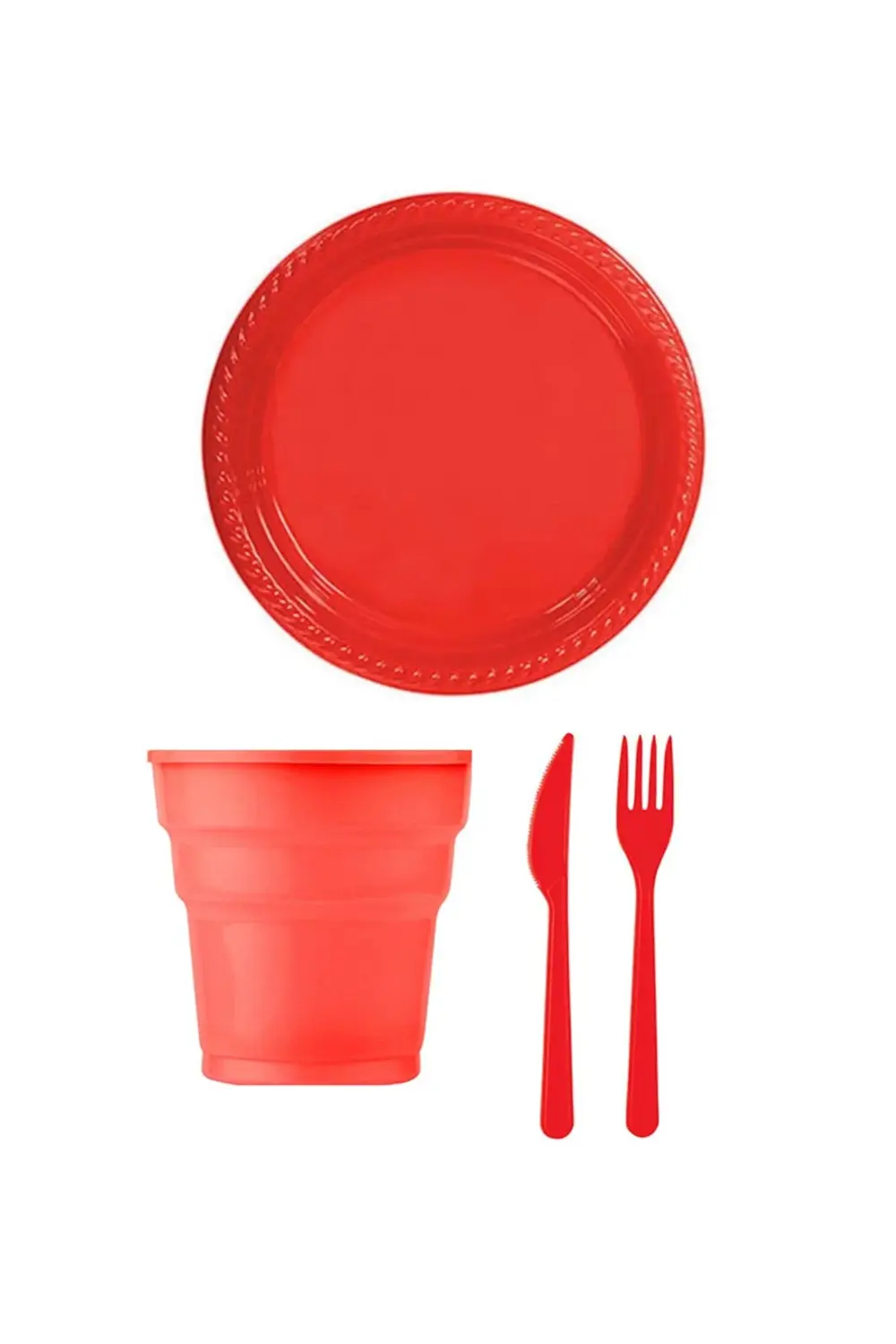 Kırımızı Renk Plastik Tabak Bardak Çatal Bıçak Seti 32 Kişilik
