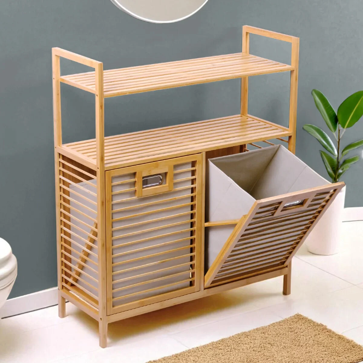 Kirli 2 Kat Organizer Raflı - 2 Bölmeli Önden Çek Aç Kalın Ahşap Bambu Kirli Çamaşır Sepeti 80X33X87CM Fiyatı, Yorumları ve Özellikleri